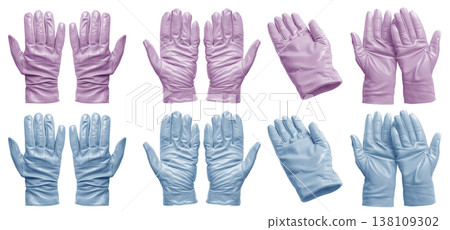 2 Set of pastel light blue purple leather hand gloves, front back and flat lay view on transparent cutout PNG file. Mockup template for artwork design 2 Set of pastel light blue purple leather hand gloves, front back and flat lay view on transparent cutout PNG file. Mockup template for artwork design 138109302