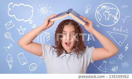 A Young Girl Holding an Open Book Above Her Head Surrounded by Creative Educational Illustrations 138109362
