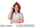 A Young Girl Wearing a Red Beret and Glasses Poses Playfully with a Smile and Confidence 138109368