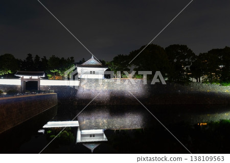 Sakuradamon Gate at night and the Edo Castle gate reflected in the water. Sakuradamon Gate at night and the Edo Castle gate reflected in the water. 138109563