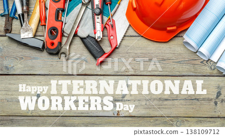 Celebrating workers on international workers day with tools and safety gear on display Celebrating workers on international workers day with tools and safety gear on display 138109712