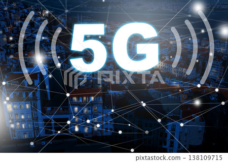 5G internet technology signals improved connection in urban landscape at night 5G internet technology signals improved connection in urban landscape at night 138109715
