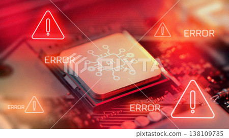 Error messages show on AI processor with alert symbols and intense red backdrop Error messages show on AI processor with alert symbols and intense red backdrop 138109785