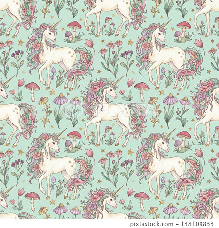 Whimsical Unicorns Among Vibrant Flowers and Mushrooms in a Dreamy Pastel Fantasy Landscape 138109833
