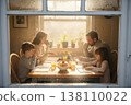 Caucasian family enjoying breakfast together on a rainy morning 138110022