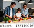 Happy caucasian family cooking together in modern kitchen 138110046