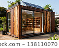 Eco-friendly container shop with solar panels and greenery 138110070