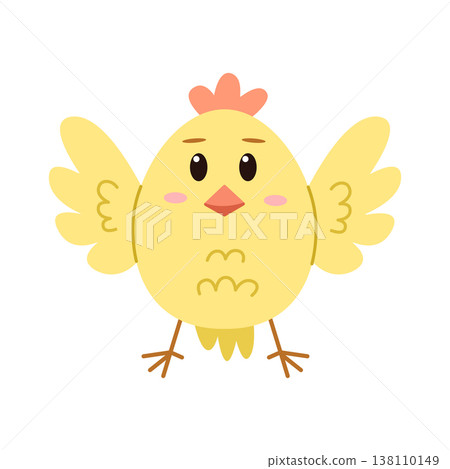 Cute cartoon little chicken is flapping its wings. Childish print for nursery, kids apparel, poster and postcard. Flat isolated vector illustration. Cute cartoon little chicken is flapping its wings. Childish print for nursery, kids apparel, poster and postcard. Flat isolated vector illustration. 138110149