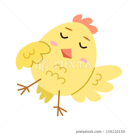 Cute cartoon little chicken dancing. Childish print for nursery, kids apparel, poster and postcard. Flat isolated vector illustration. Cute cartoon little chicken dancing. Childish print for nursery, kids apparel, poster and postcard. Flat isolated vector illustration. 138110150