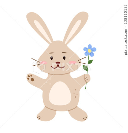 Cute cartoon bunny, hare. Animalistic vector illustration of Easter little rabbit with flowers. Print for nursery, poster and postcard. Cute cartoon bunny, hare. Animalistic vector illustration of Easter little rabbit with flowers. Print for nursery, poster and postcard. 138110152