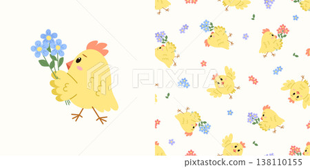 Cute cartoon little chicken carries a bouquet of flowers clipart. Seamless pattern Childish print for nursery, kids apparel, poster and postcard. Vector illustration background. Cute cartoon little chicken carries a bouquet of flowers clipart. Seamless pattern Childish print for nursery, kids apparel, poster and postcard. Vector illustration background. 138110155