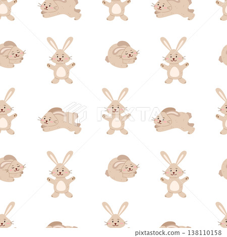 Seamless pattern Cute cartoon bunny, hare. Animalistic vector illustration of Easter little rabbit. Background for nursery, poster and postcard. Seamless pattern Cute cartoon bunny, hare. Animalistic vector illustration of Easter little rabbit. Background for nursery, poster and postcard. 138110158