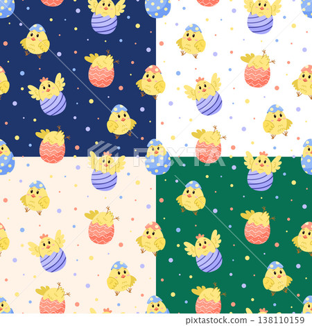 Set of seamless pattern with Easter chickens in the shell. Bright children background with cute chicks. Vector illustration wallpaper. Set of seamless pattern with Easter chickens in the shell. Bright children background with cute chicks. Vector illustration wallpaper. 138110159