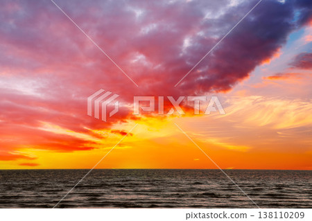 Sunny Blue Clear Sky Over Calm Water Of Sea Or Ocean. Natural Seascape Background Sunny Blue Clear Sky Over Calm Water Of Sea Or Ocean. Natural Seascape Background 138110209