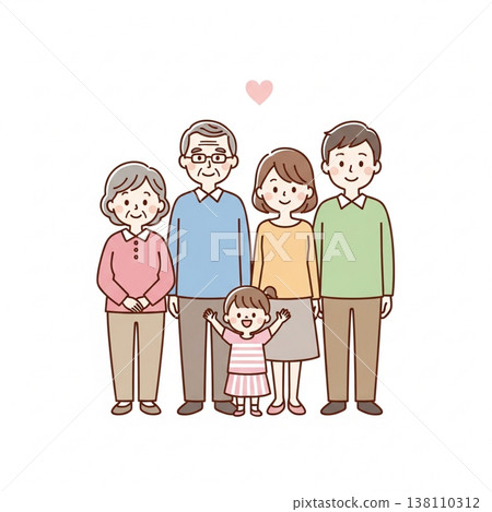 簡潔可愛的日本三代家庭插畫；笑容燦爛的日本家庭；扁平化設計，白色背景。 138110312