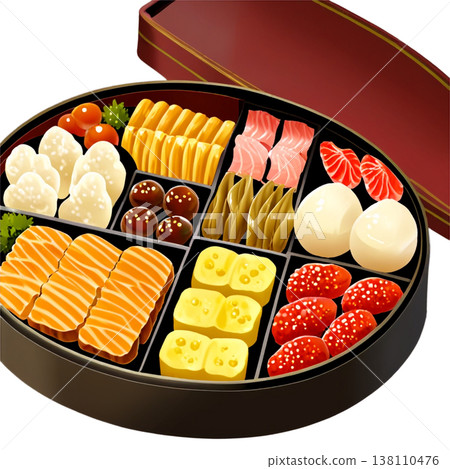 元旦、透明、新年、門松（松竹裝飾品）、鏡餅（年糕供品）、禦節料理（傳統新年食物）、水引（裝飾繩）、生肖 138110476