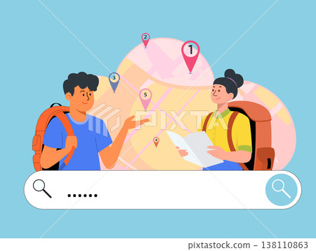 Backpackers Planning Route with Map and Global Markers Backpackers Planning Route with Map and Global Markers 138110863