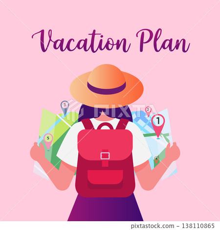Tourist girl with backpack and map. Vector illustration in flat style Tourist girl with backpack and map. Vector illustration in flat style 138110865