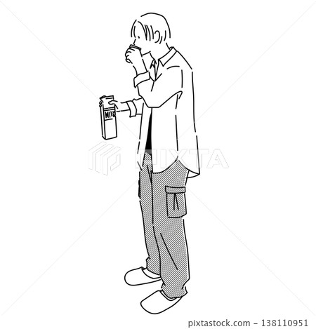 一幅線條畫,描繪了一個男人在廚房裡喝牛奶。 一幅線條畫,描繪了一個男人在廚房裡喝牛奶。 138110951