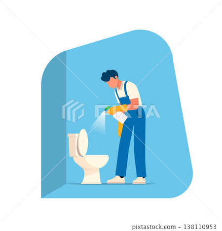 Minimalist flat vector illustration of a male janitor in blue overalls spraying and cleaning a white toilet, sanitation and hygiene service concept. 138110953