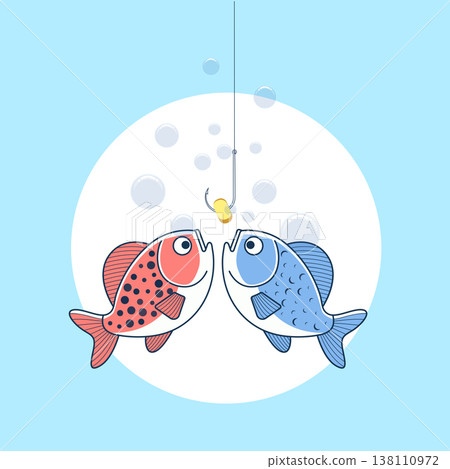 Two colorful fish swimming under water near fishing hook with bait, competition and nature concept, minimalist flat vector illustration with line shading. Two colorful fish swimming under water near fishing hook with bait, competition and nature concept, minimalist flat vector illustration with line shading. 138110972