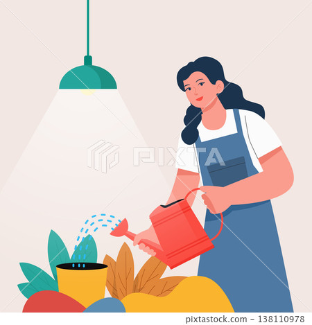 Flat vector illustration of a young woman in an apron watering indoor plants with a red watering can under a hanging lamp, cozy home gardening and plant care concept. Flat vector illustration of a young woman in an apron watering indoor plants with a red watering can under a hanging lamp, cozy home gardening and plant care concept. 138110978