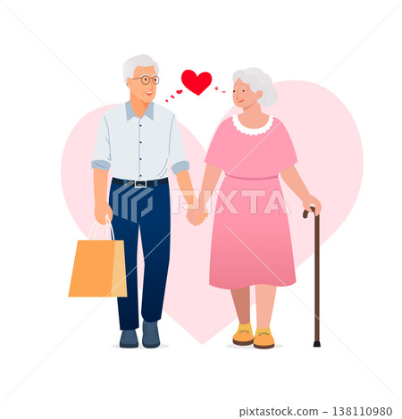 Flat vector illustration of a happy senior couple holding hands with a shopping bag and walking stick in front of a large pink heart. 138110980