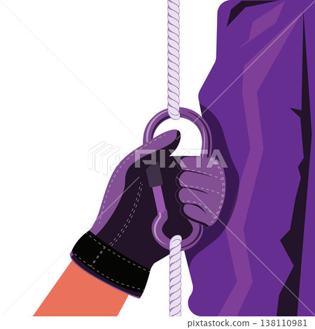 Flat vector illustration of a climber's gloved hand securing a carabiner to a climbing rope against a purple rock wall, mountaineering and safety concept. Flat vector illustration of a climber's gloved hand securing a carabiner to a climbing rope against a purple rock wall, mountaineering and safety concept. 138110981