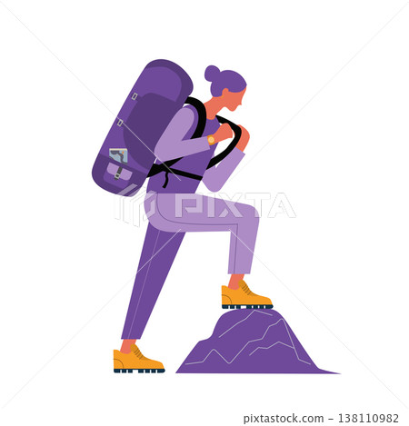 Flat vector illustration of a female hiker with a large purple backpack stepping onto a mountain peak, hiking and outdoor exploration concept. 138110982