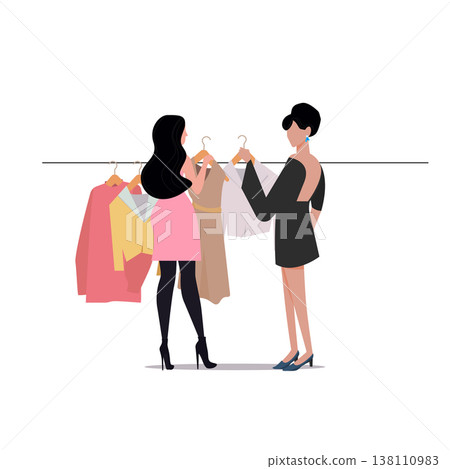 Two young women choosing clothes on a rack, shopping together and fashion retail concept, female friends browsing apparel in boutique, minimalist flat vector illustration. Two young women choosing clothes on a rack, shopping together and fashion retail concept, female friends browsing apparel in boutique, minimalist flat vector illustration. 138110983