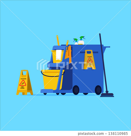 Professional cleaning service cart with equipment and supplies on blue background. Vector illustration in flat style on blue background. 138110985