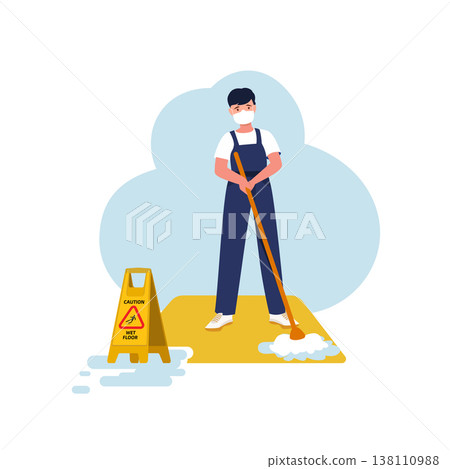 Minimalist flat vector illustration of a janitor in a face mask mopping the floor with a yellow wet floor caution sign, professional cleaning service concept. 138110988