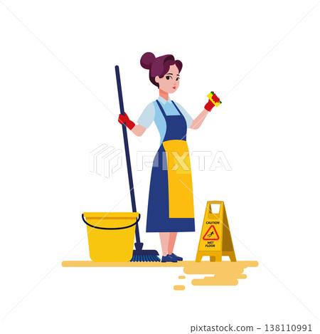 a female cleaner in a uniform holding a broom and a sponge, with a bucket and a yellow wet floor caution sign. 138110991