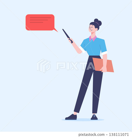 Woman Giving a Presentation with Pointer and Speech Bubble	 138111071