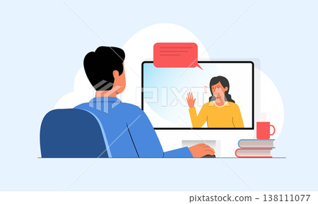 Video conference, webinar, online meeting concept. Man and woman sitting at computer screen and talking. Vector illustration in flat style Video conference, webinar, online meeting concept. Man and woman sitting at computer screen and talking. Vector illustration in flat style 138111077