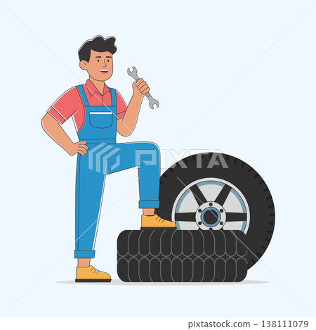Minimalist Vector Illustration of Mechanic Holding Wrench with Tires	 138111079