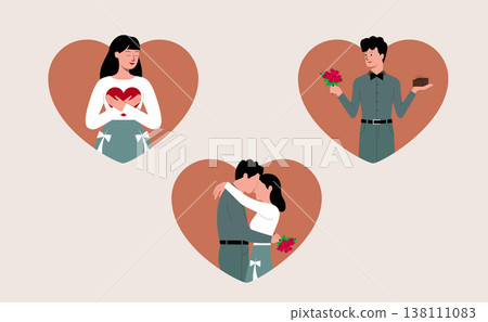 Flat vector illustration of romantic couples in heart-shaped frames, featuring a woman holding a heart, a man with flowers and chocolate, and a couple embracing 138111083