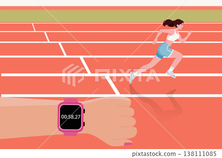 Flat vector illustration of a female athlete running on a red track with a foreground hand holding a smartwatch 138111085