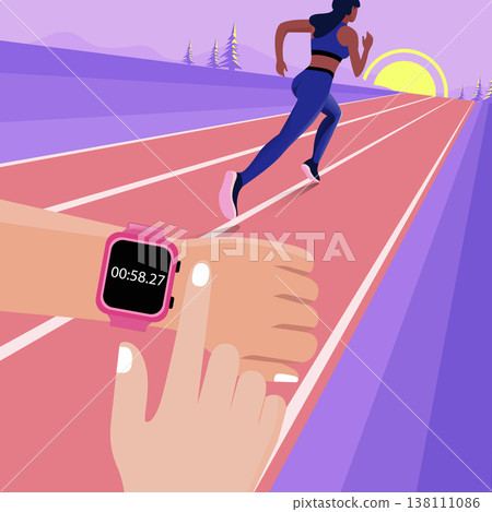 Flat vector illustration of a person checking a pink smartwatch while a female athlete runs on a track during sunset. Flat vector illustration of a person checking a pink smartwatch while a female athlete runs on a track during sunset. 138111086