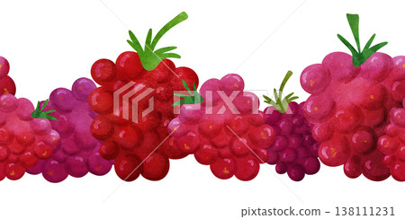 Seamless pattern border with raspberries. Simple and clean. Bright watercolor berries, playful summer vibe. Perfect for baby shower, kids textiles, fabric, gift wrap, invitations, healthy food themes Seamless pattern border with raspberries. Simple and clean. Bright watercolor berries, playful summer vibe. Perfect for baby shower, kids textiles, fabric, gift wrap, invitations, healthy food themes 138111231