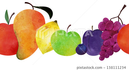 Seamless pattern of rainbow colorful watercolor mixed fruits: red apple, mango, lemon, green apple, blueberry, plum, grapes and orange. For kids textiles, wallpaper, fabric, healthy food themes 138111234