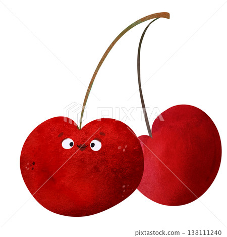 Cute cherry with eyes and happy smile with another cherry. Playful watercolor, vibrant red tones, playful summer vibe. Perfect for kids food themes, healthy food themes, summer party Cute cherry with eyes and happy smile with another cherry. Playful watercolor, vibrant red tones, playful summer vibe. Perfect for kids food themes, healthy food themes, summer party 138111240