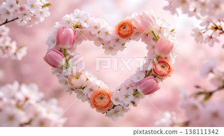 A heart-shaped wreath made of spring flowers against a blurred background of cherry blossoms. 138111342