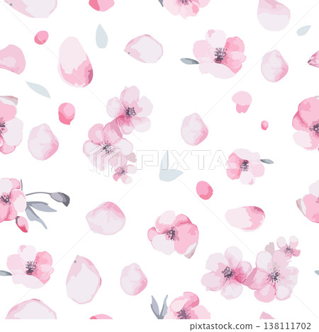 Seamless background with sakura petals and flowers. Hand drawn. Not AI, vector illustration. Seamless background with sakura petals and flowers. Hand drawn. Not AI, vector illustration. 138111702