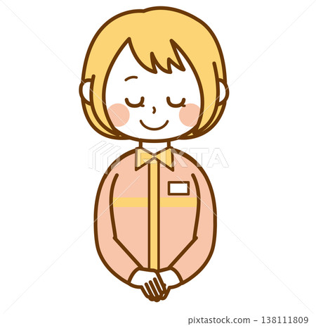 An illustration of a female convenience store clerk in a uniform bowing. An illustration of a female convenience store clerk in a uniform bowing. 138111809