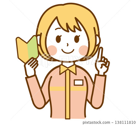 插圖描繪了一位身穿制服的便利商店女店員，她手持新手駕駛標誌。 138111810