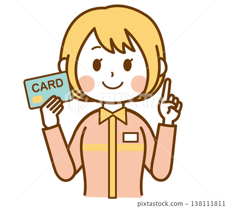 插圖描繪了一位身穿制服的便利商店女店員，她手持卡片，正在解釋某些事情。 138111811