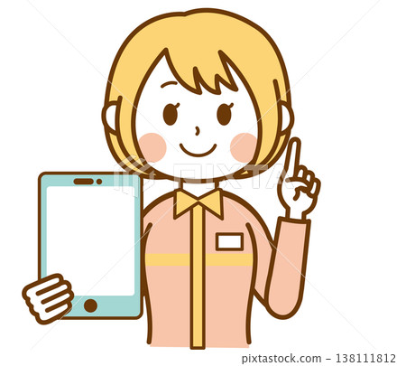 插圖描繪了一位身穿制服的便利商店女店員正在用平板電腦講解某些內容。 138111812