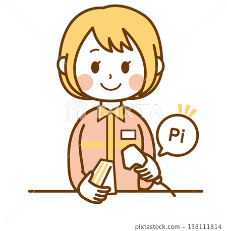 插圖描繪了一位身穿制服的便利商店女店員在收銀台付款。 138111814