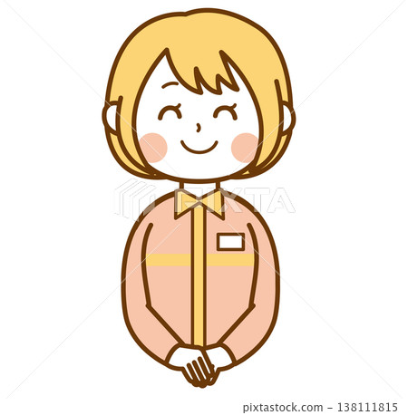 An illustration of a female convenience store clerk in a uniform smiling while serving customers. 138111815